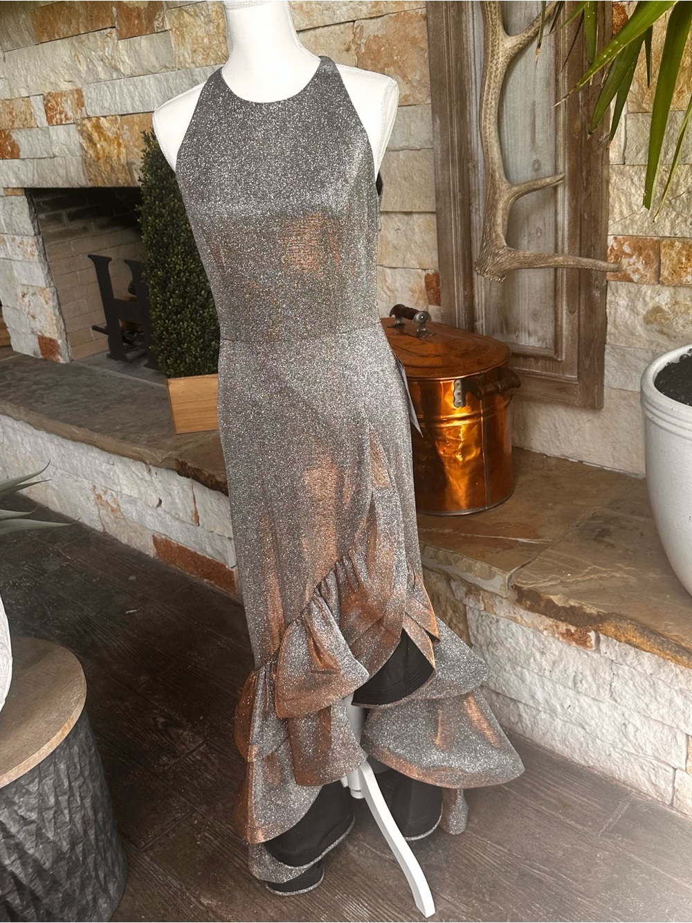 Betsy & Adam Gold Metallic High-Low Ruffle Dress